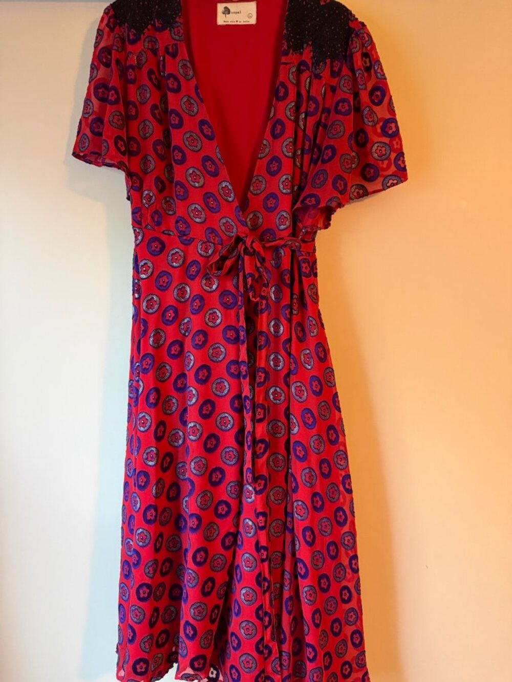Anthropologie Kopal Red Purple Flutter Sleeve Wrap Dress L